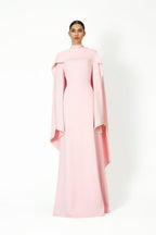 Pearl-Trimmed Cape Modest Evening Gown-Pink