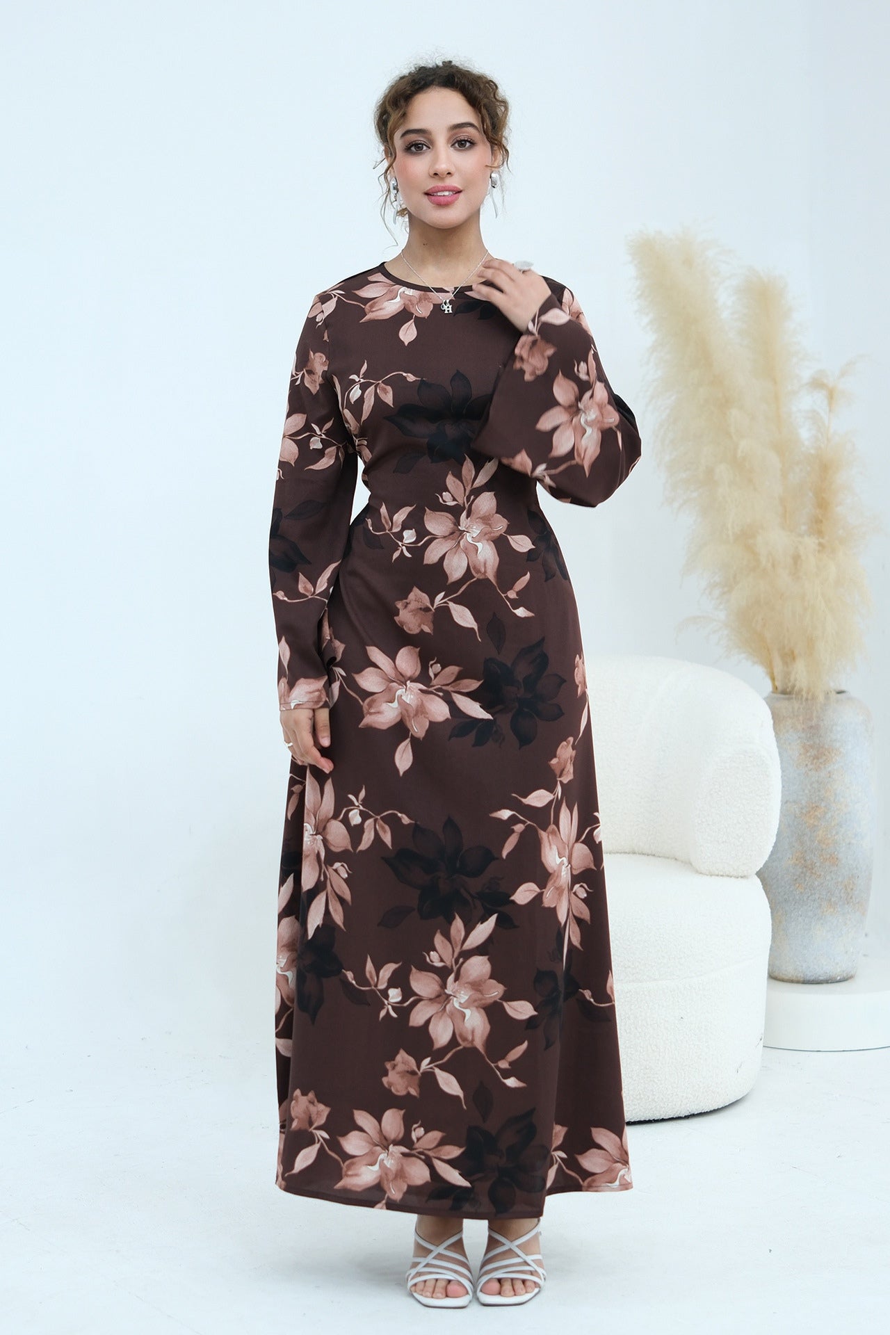 Bell Sleeve Floral Maxi Dress-Coffee