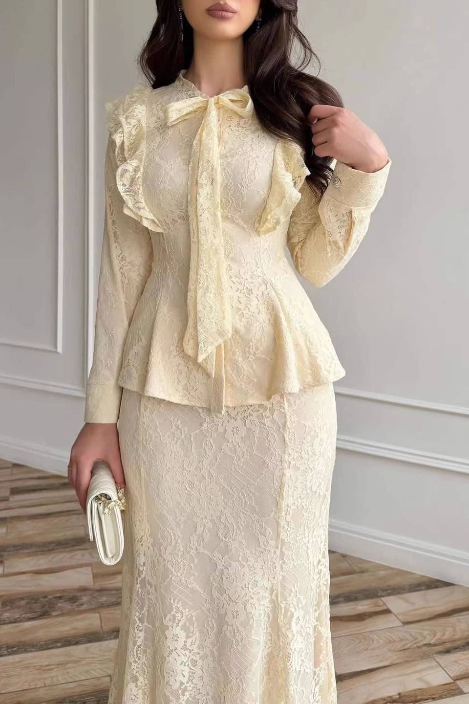 Lace Ruffle Peplum Mermaid Skirt Set-Yellow