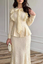Lace Ruffle Peplum Mermaid Skirt Set-Yellow