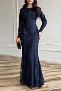 Lace Ruffle Peplum Mermaid Skirt Set-Blue
