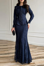 Lace Ruffle Peplum Mermaid Skirt Set-Blue