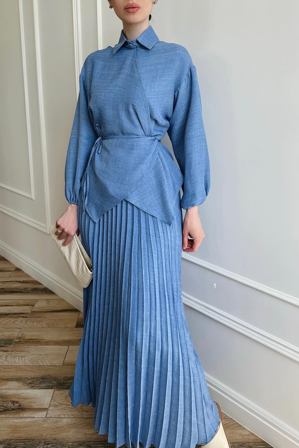 Chic Sculptural Pleats Spring Set-Blue