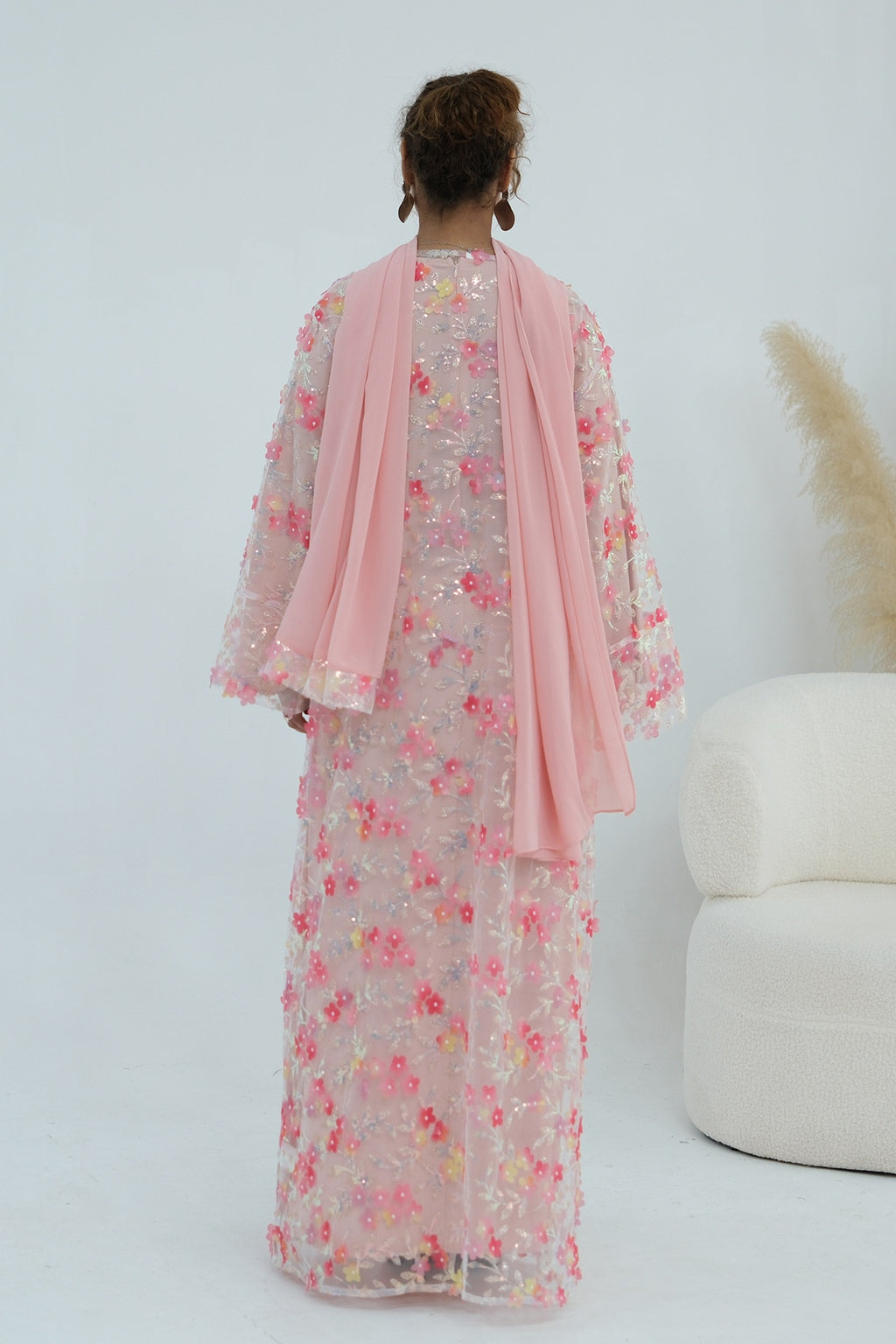 Hand-Beaded Floral Open Abaya Three-Piece Set with Matching Inner Dress & Hijab-Pink