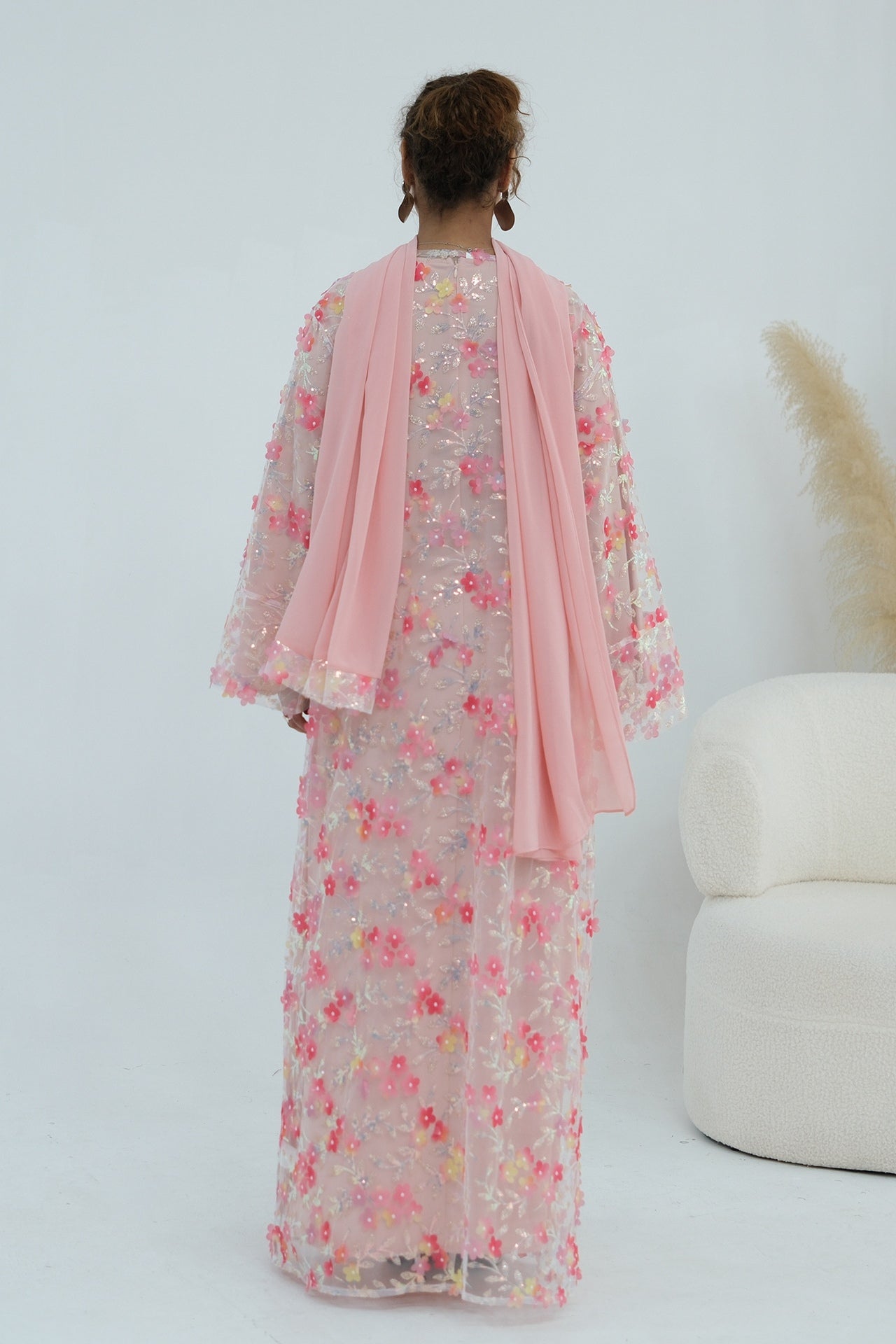 Hand-Beaded Floral Open Abaya Three-Piece Set with Matching Inner Dress & Hijab-Pink