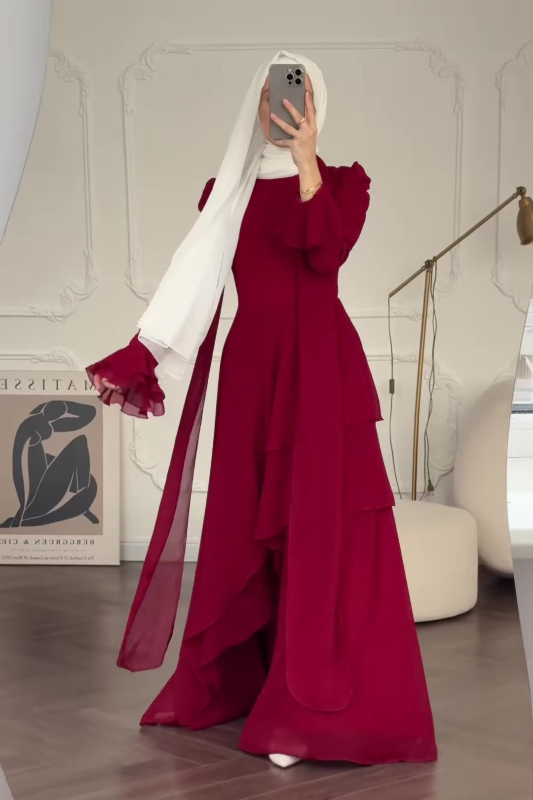 Burgundy Tiered Chiffon Modest Maxi Dress