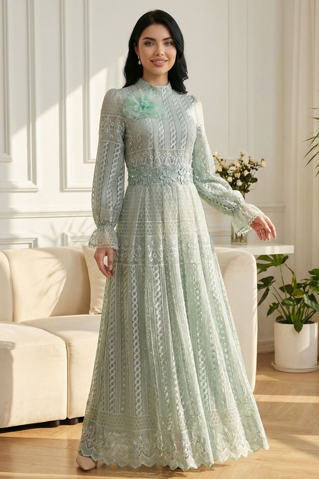 Double-Layer Lace Embroidered Maxi Dress-Green