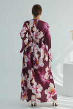 Large Floral Print Bell Sleeve Maxi Dress-Wine