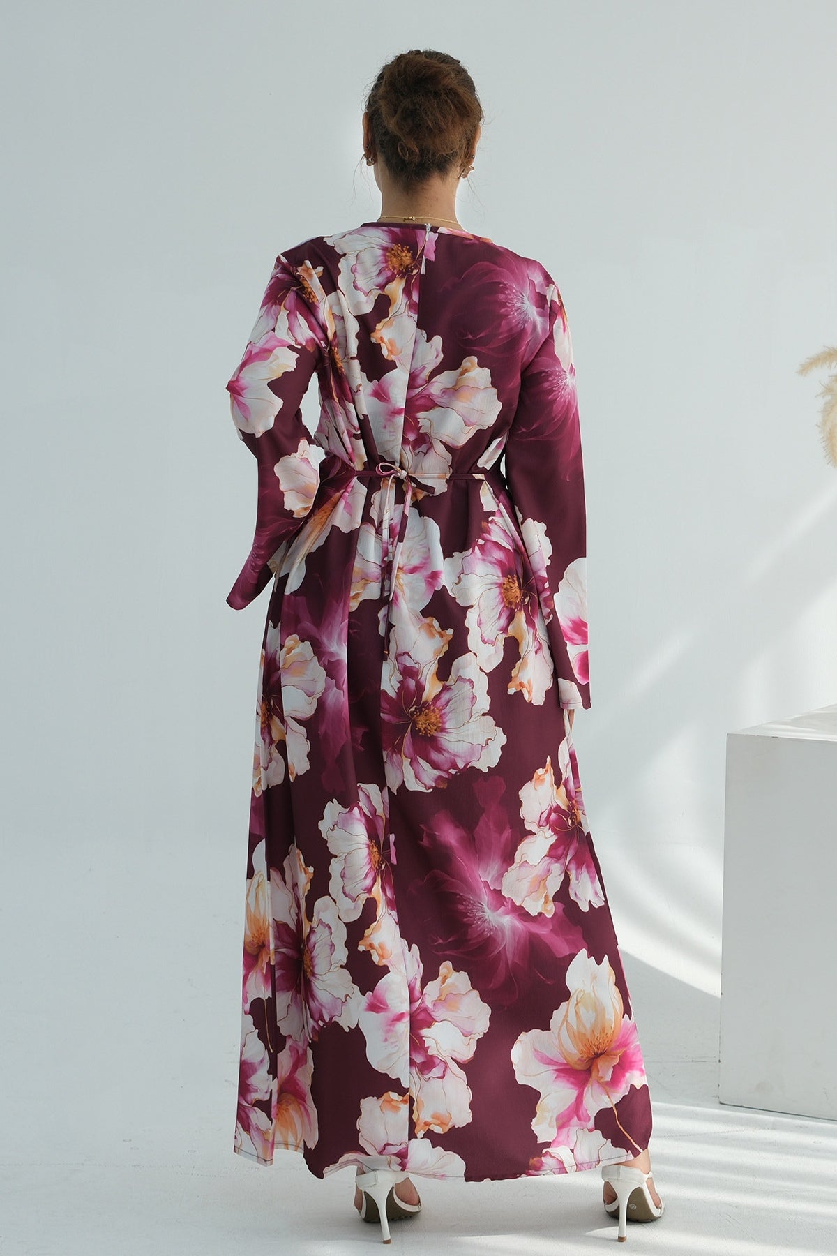 Large Floral Print Bell Sleeve Maxi Dress-Wine