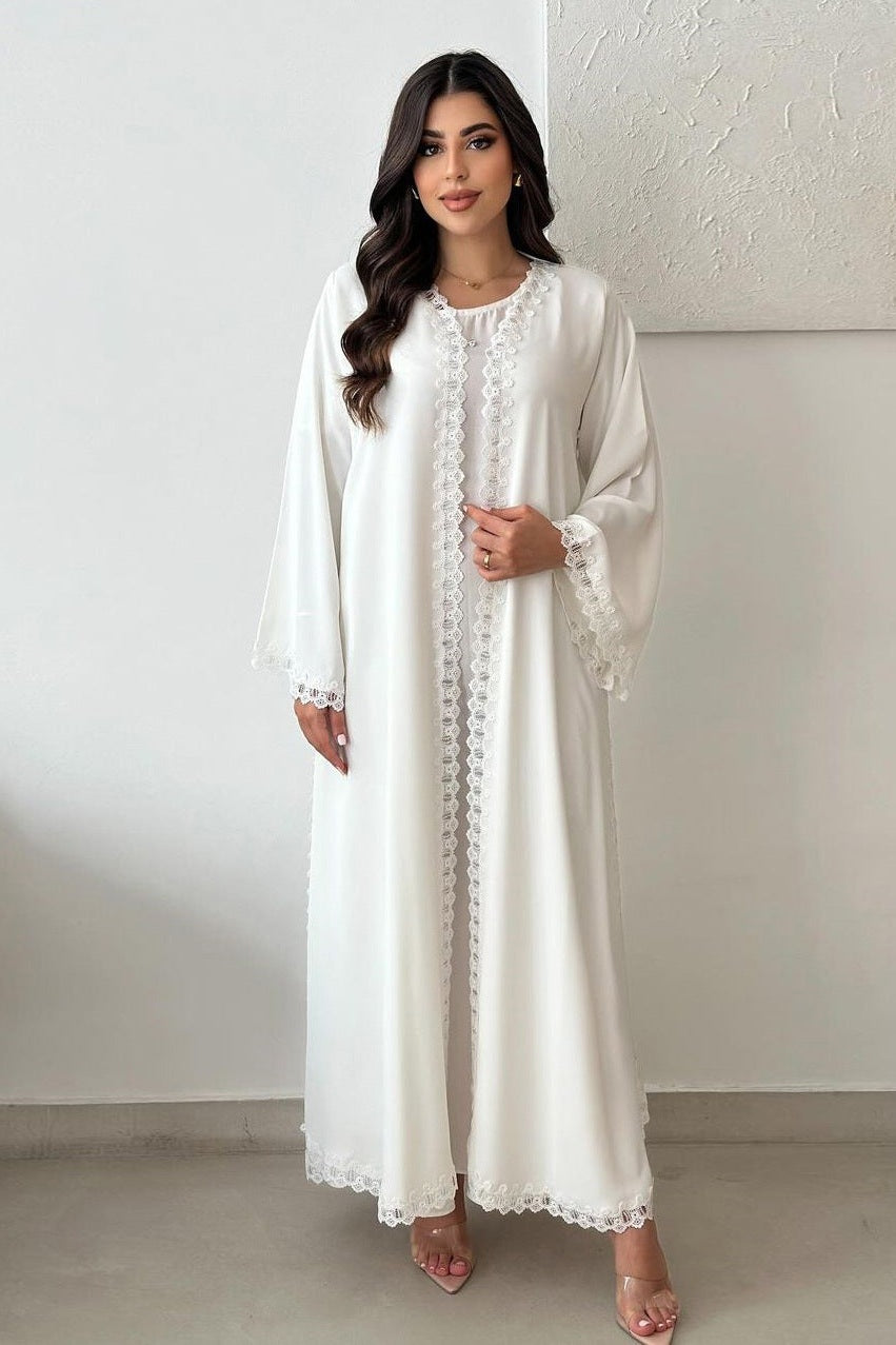 Ethereal White Open Abaya with Delicate Lace Paneling