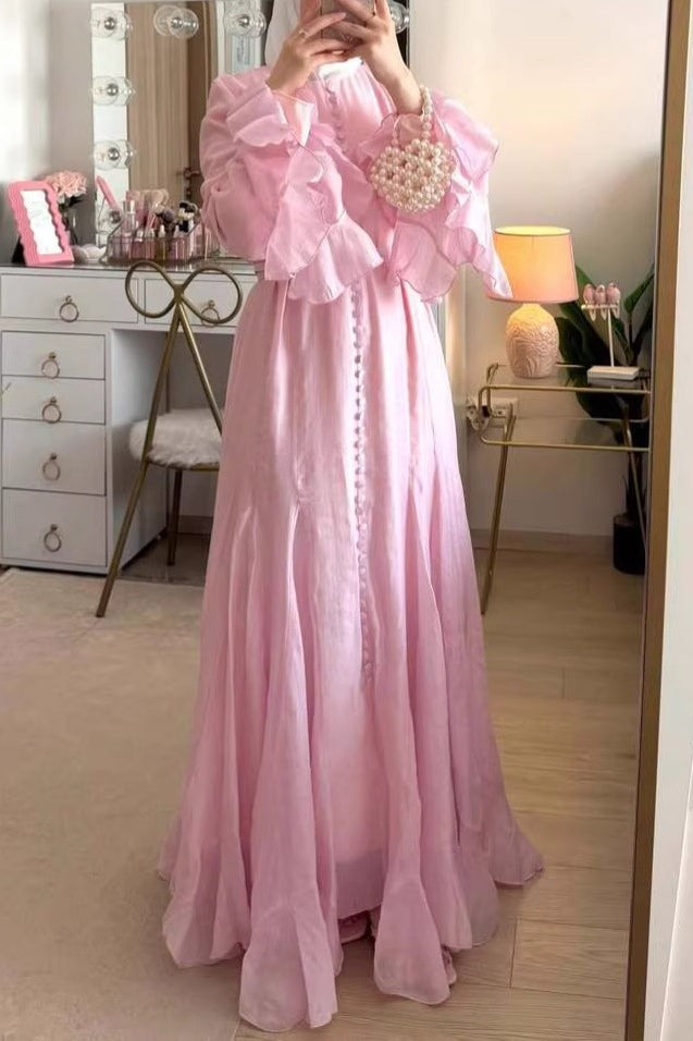 Button Down Cascade Ruffle Sleeve Dress-Pink