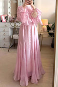 Button Down Cascade Ruffle Sleeve Dress-Pink