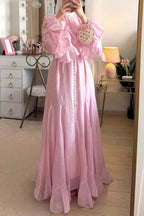 Button Down Cascade Ruffle Sleeve Dress-Pink