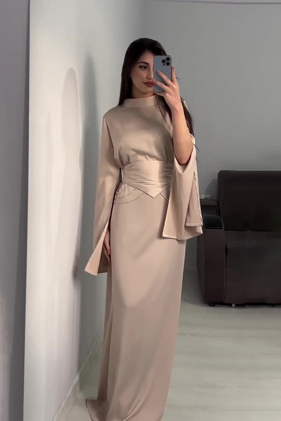 Rana Split Flare Sleeve Rhinestone Waist Maxi Dress-Beige