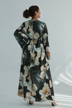 Large Floral Print Bell Sleeve Maxi Dress-Green