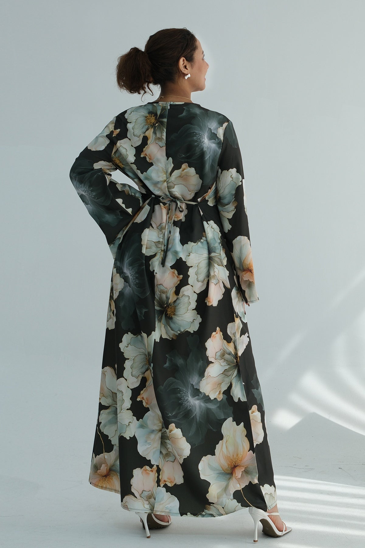 Large Floral Print Bell Sleeve Maxi Dress-Green
