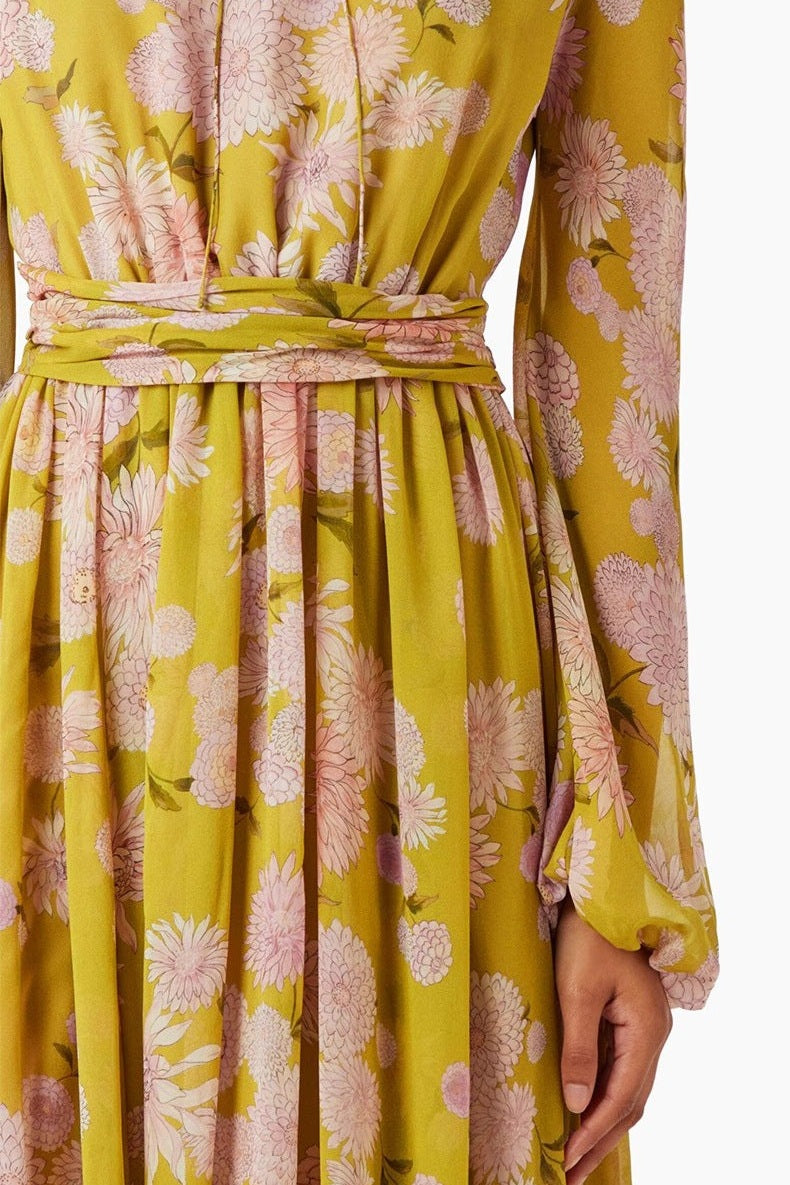 Vibrant Sunny-Day Floral Print Cinched-Waist Modest Maxi Dress