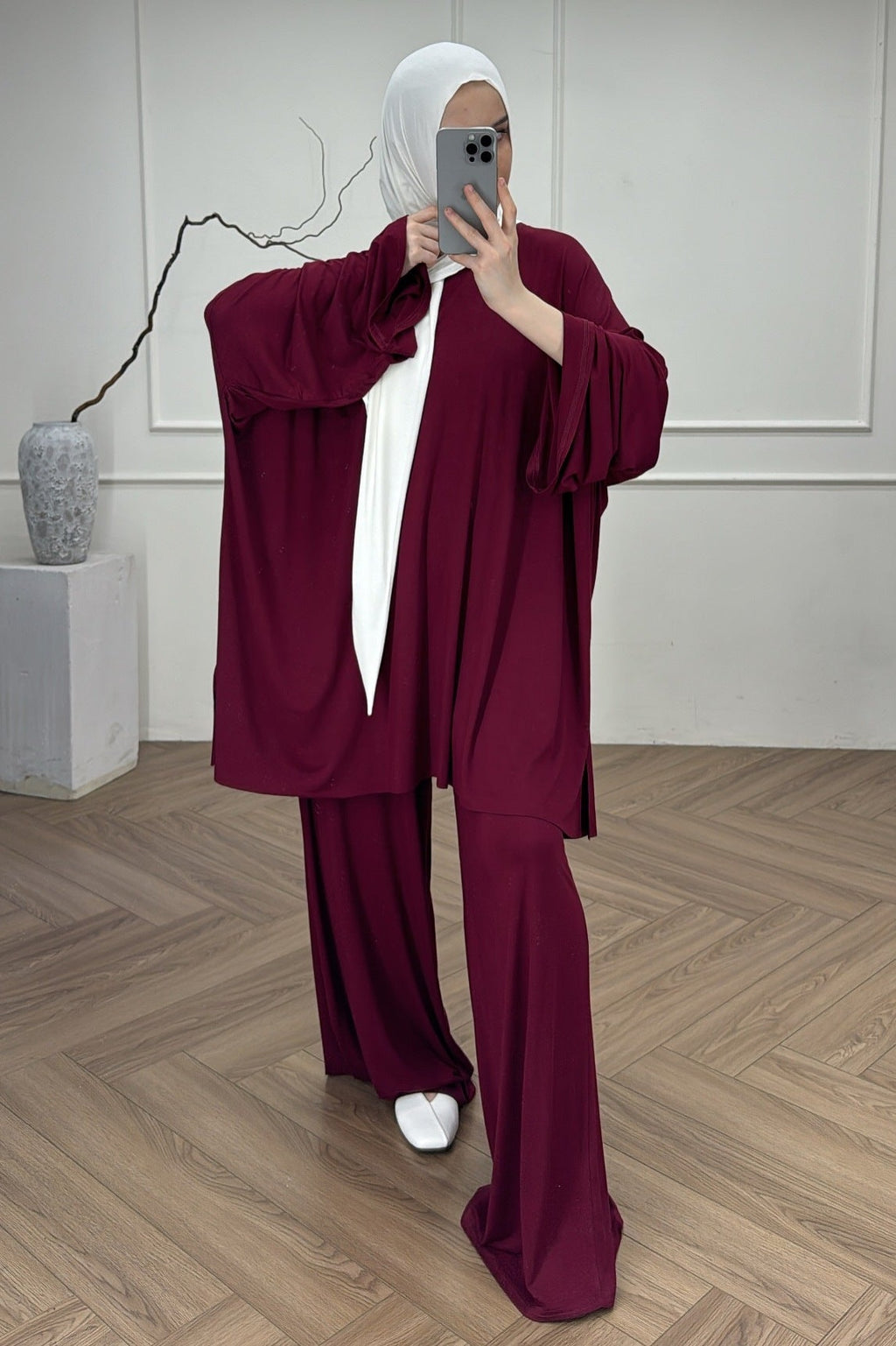 Draped Oversized Tunic & Wide-Leg Trouser Two-Piece Set-Red