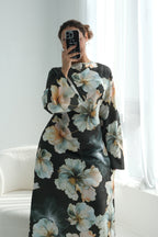 Large Floral Print Bell Sleeve Maxi Dress-Green