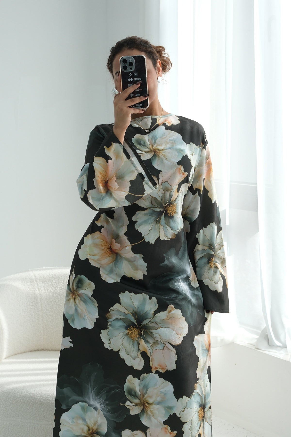 Large Floral Print Bell Sleeve Maxi Dress-Green