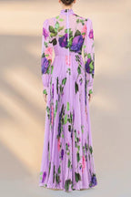 Regal Floral Print Pleated Modest Maxi Dress with Long Sleeves