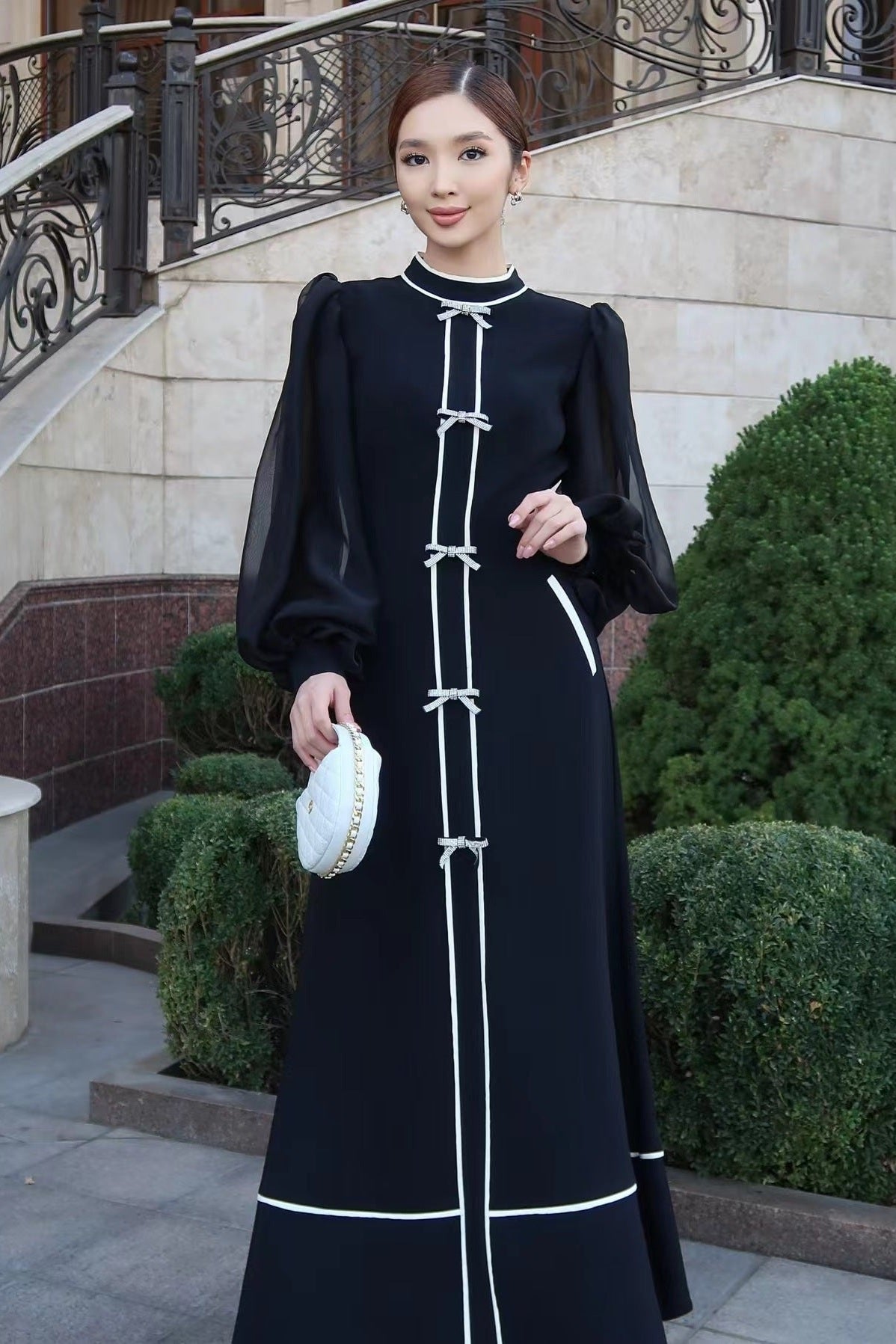 Contrast Trim Bow-Accent Maxi Dress-Black
