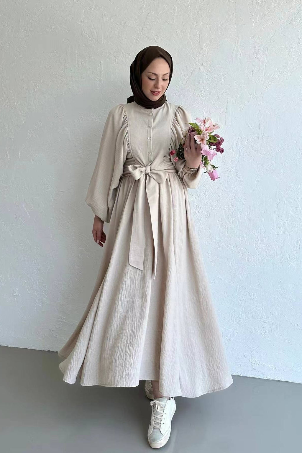 Lantern Sleeve Tunic & Full-Sweep Maxi Skirt Elegant Set-Apricot