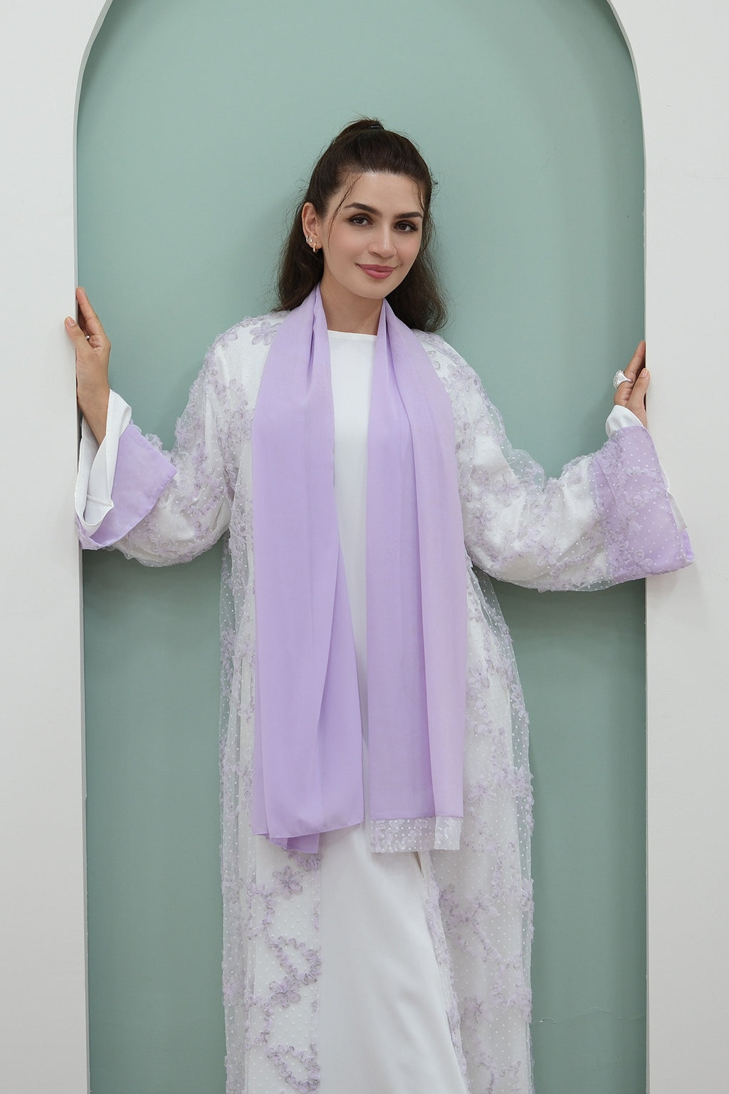 Floral Bloom Sheer Mesh Open Abaya-Purple