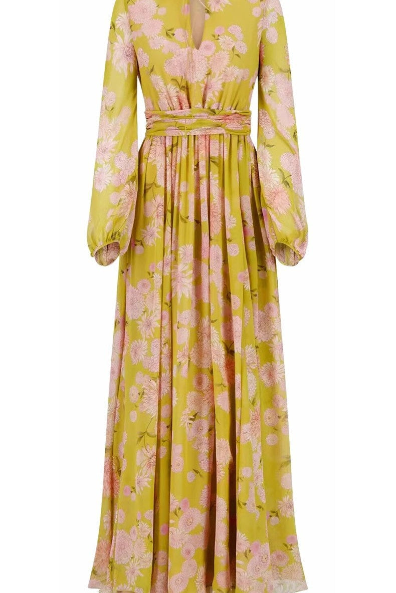 Vibrant Sunny-Day Floral Print Cinched-Waist Modest Maxi Dress