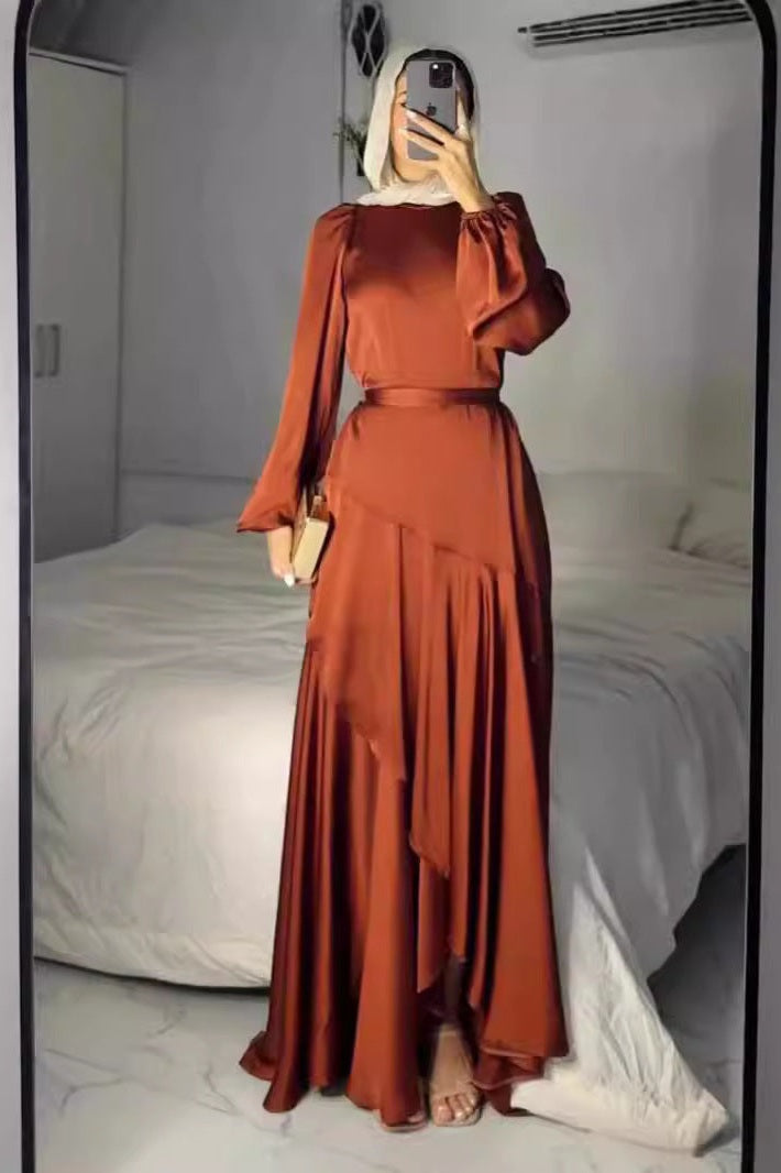 Lustrous Satin Asymmetric Tiered Gown-Brown