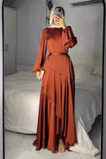 Lustrous Satin Asymmetric Tiered Gown-Brown