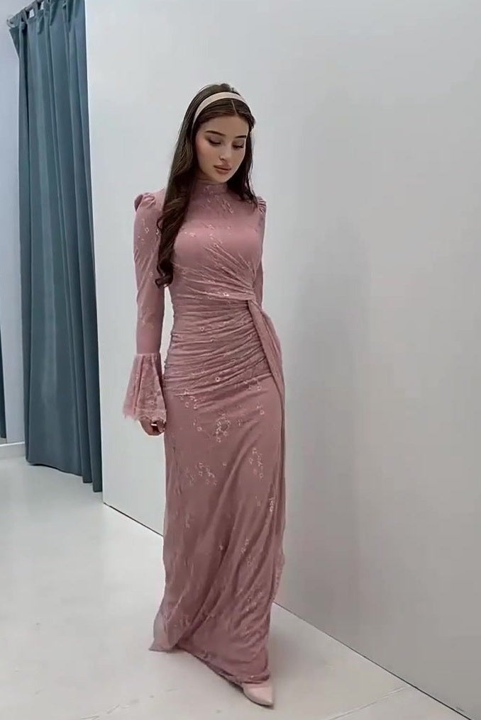 Ethereal High-End Long Sleeve Pastel Evening Maxi Dress-Pink