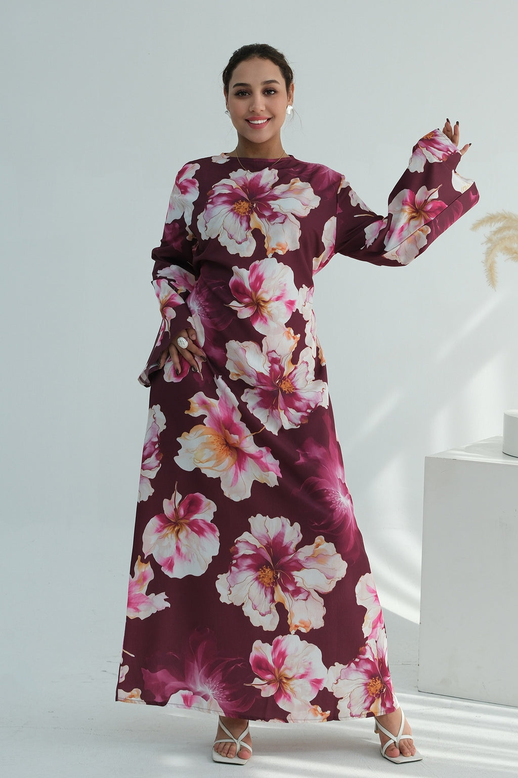 Large Floral Print Bell Sleeve Maxi Dress-Wine
