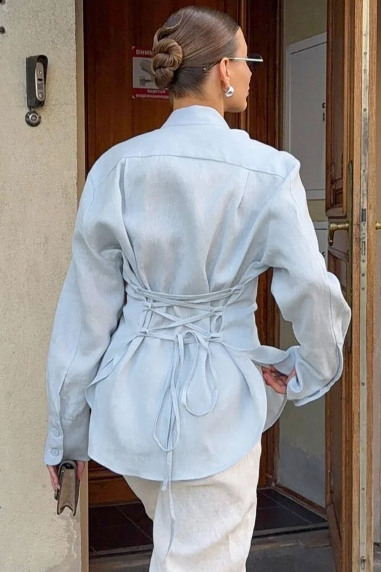 Isabella Linen Tie Blouse Shirt-Blue