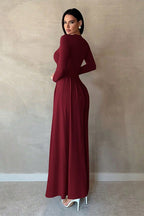 Minimalist Pleated Slim-Fit Maxi Dress-DarkRed