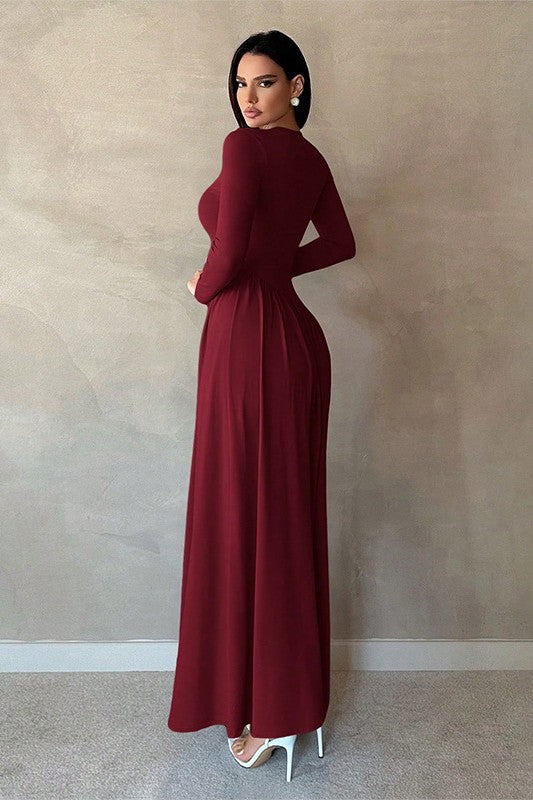 Minimalist Pleated Slim-Fit Maxi Dress-DarkRed