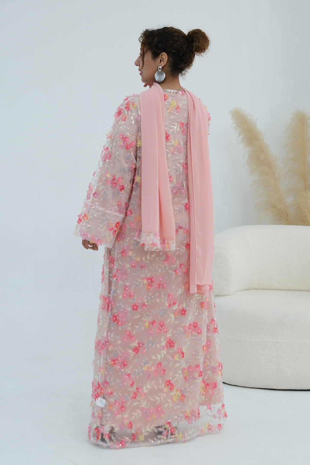 Hand-Beaded Floral Open Abaya Three-Piece Set with Matching Inner Dress & Hijab-Pink