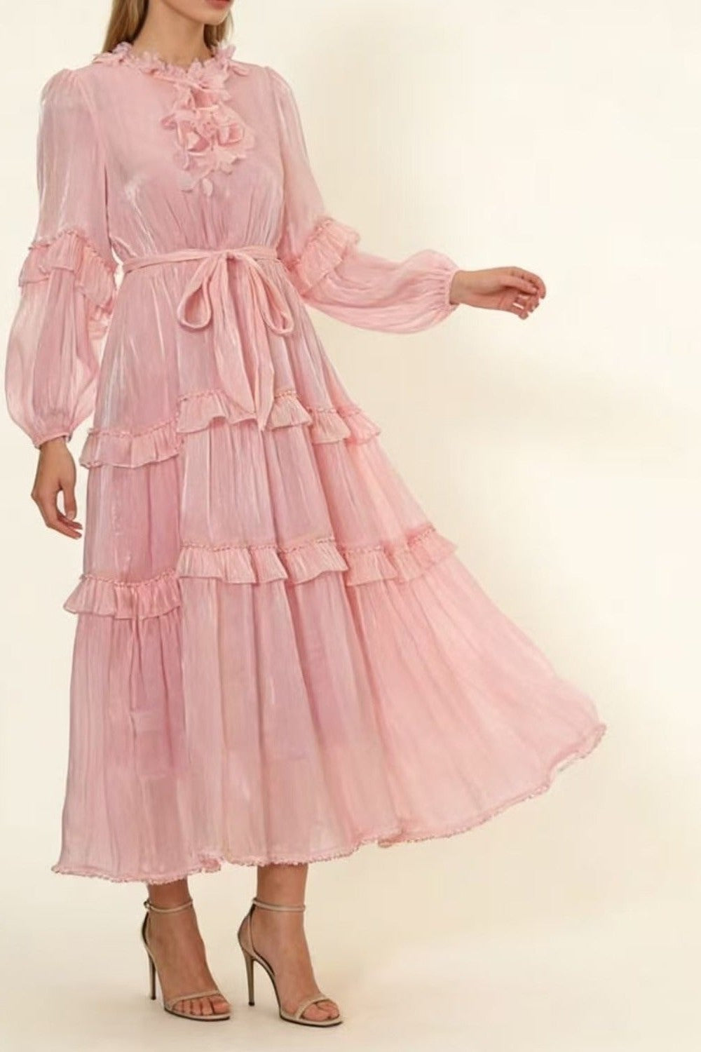 Pearl-Embellished Layered Ruffle Maxi Dress with Mandarin Lace Collar