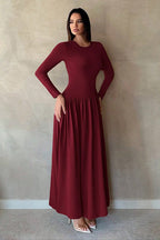 Minimalist Pleated Slim-Fit Maxi Dress-DarkRed