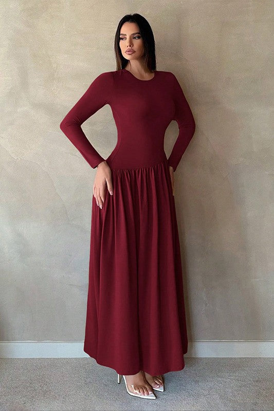 Minimalist Pleated Slim-Fit Maxi Dress-DarkRed