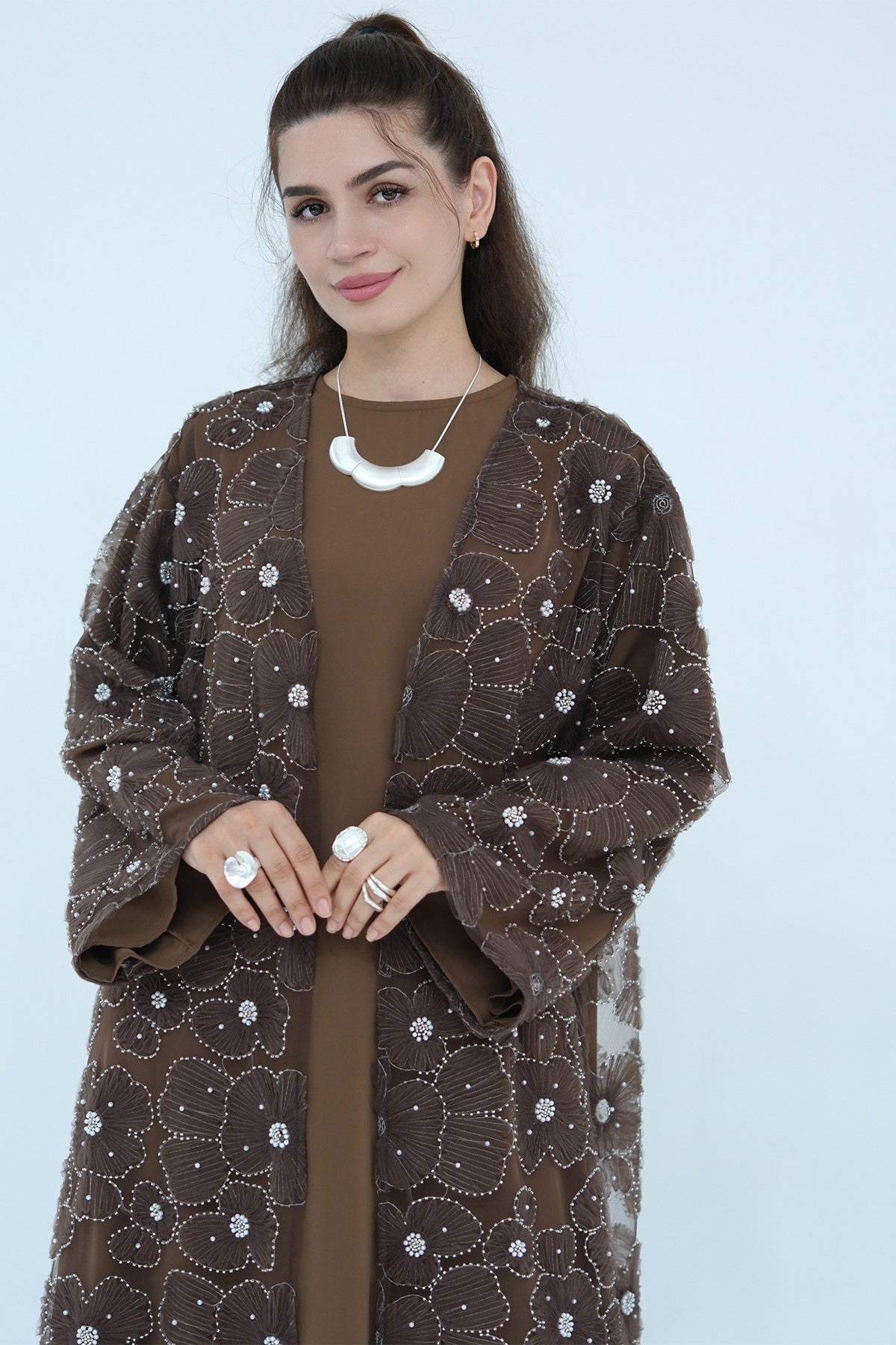 Hand-Beaded Floral Mesh Abaya Two-Piece Set-Coffee