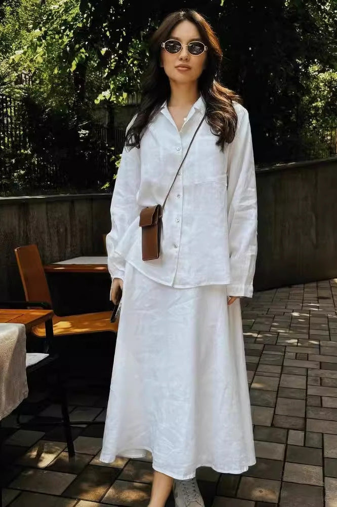 Solid Linen-Cotton Relaxed Long Sleeve Shirt & Full-Sweep Skirt Set