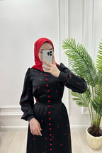 Contrast Button Floral Satin Maxi Abaya Dress