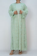 Hand-Beaded Floral Mesh Abaya Two-Piece Set-Green