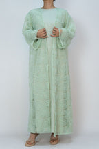Hand-Beaded Floral Mesh Abaya Two-Piece Set-Green