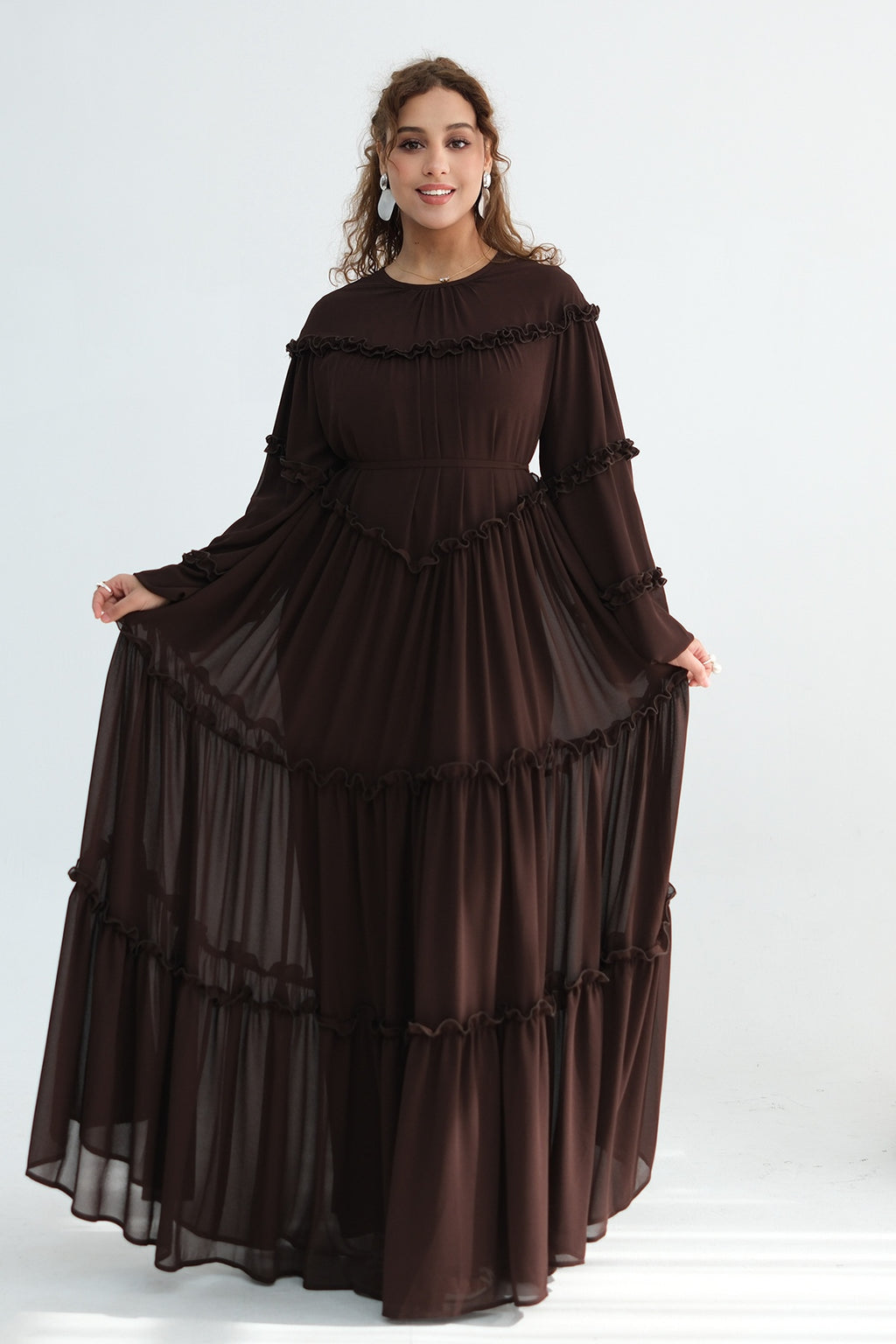 Tiered Ruffle Chiffon Maxi Dress-Coffee