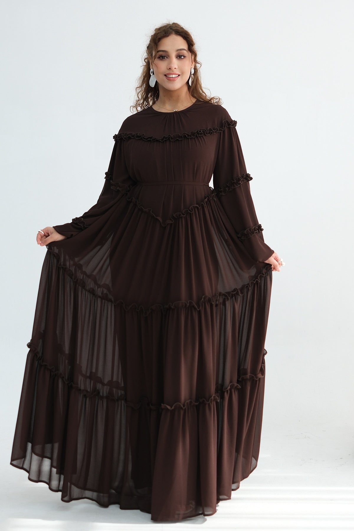 Tiered Ruffle Chiffon Maxi Dress-Coffee