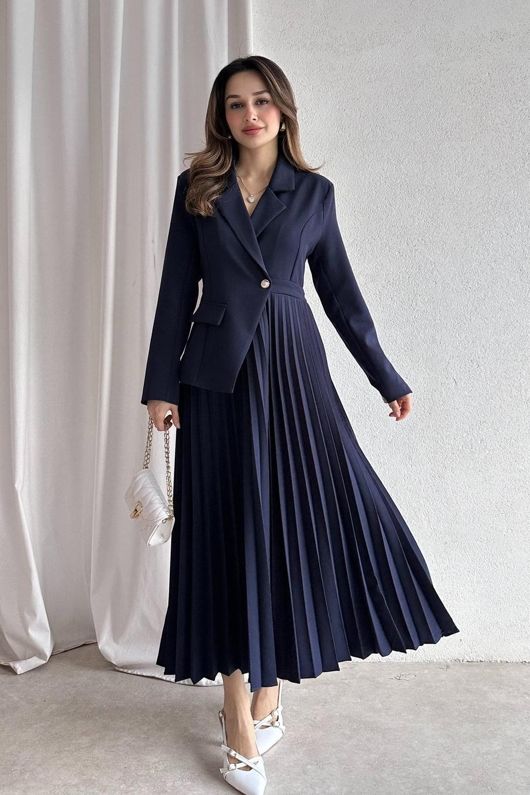 Amara Blazer Pleated Maxi Dress-DarkBlue