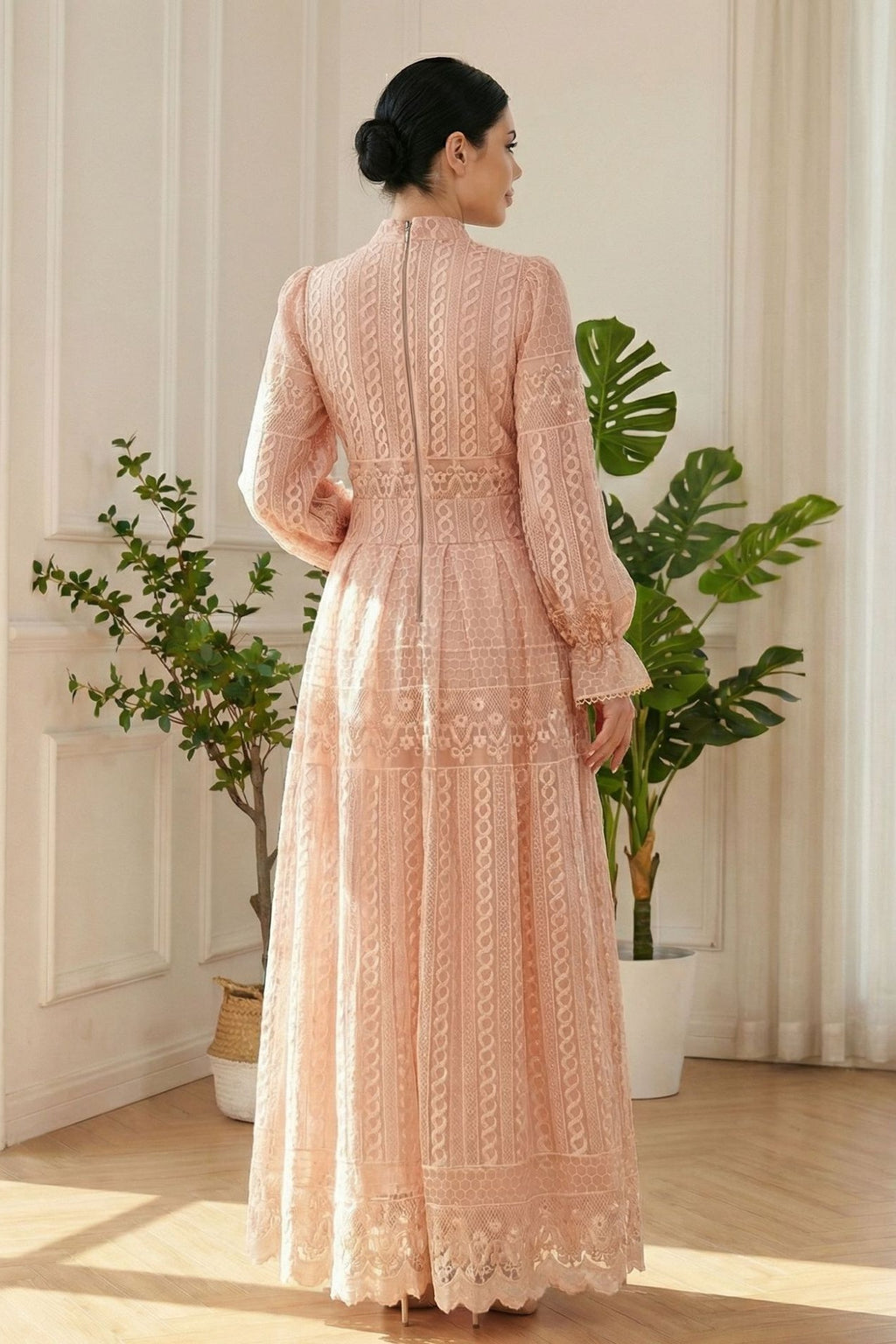 Double-Layer Lace Embroidered Maxi Dress-Pink