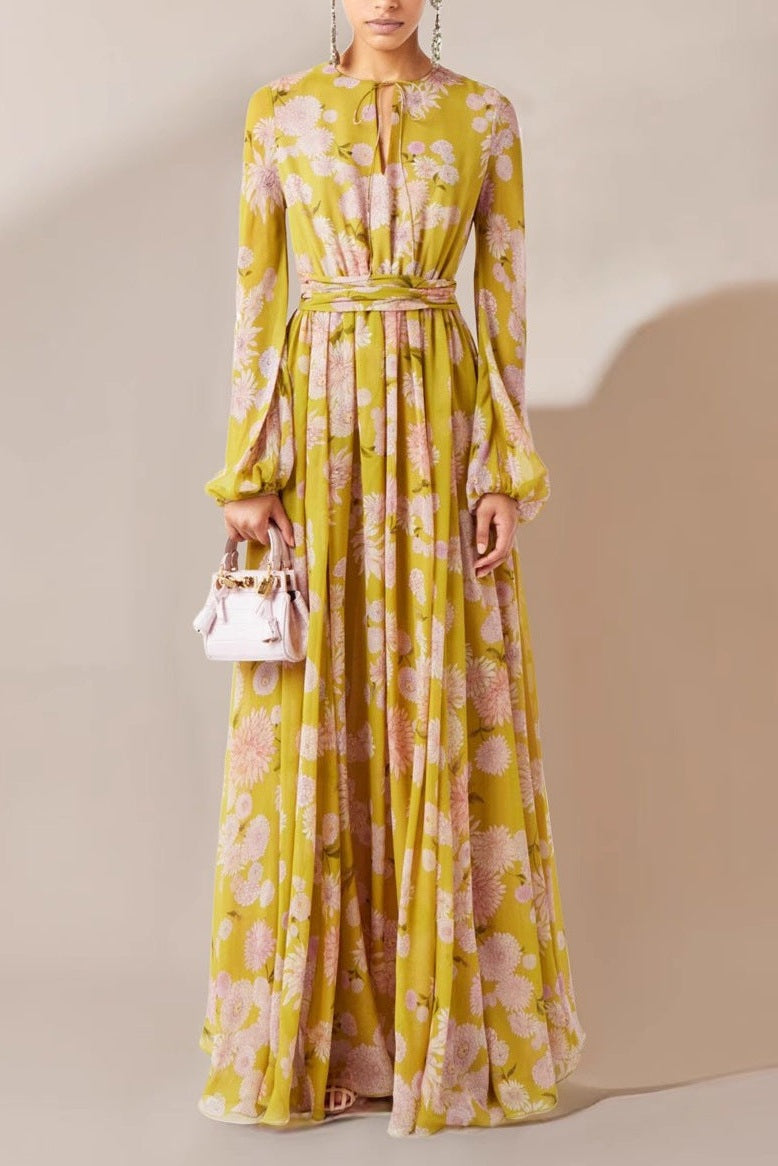 Vibrant Sunny-Day Floral Print Cinched-Waist Modest Maxi Dress